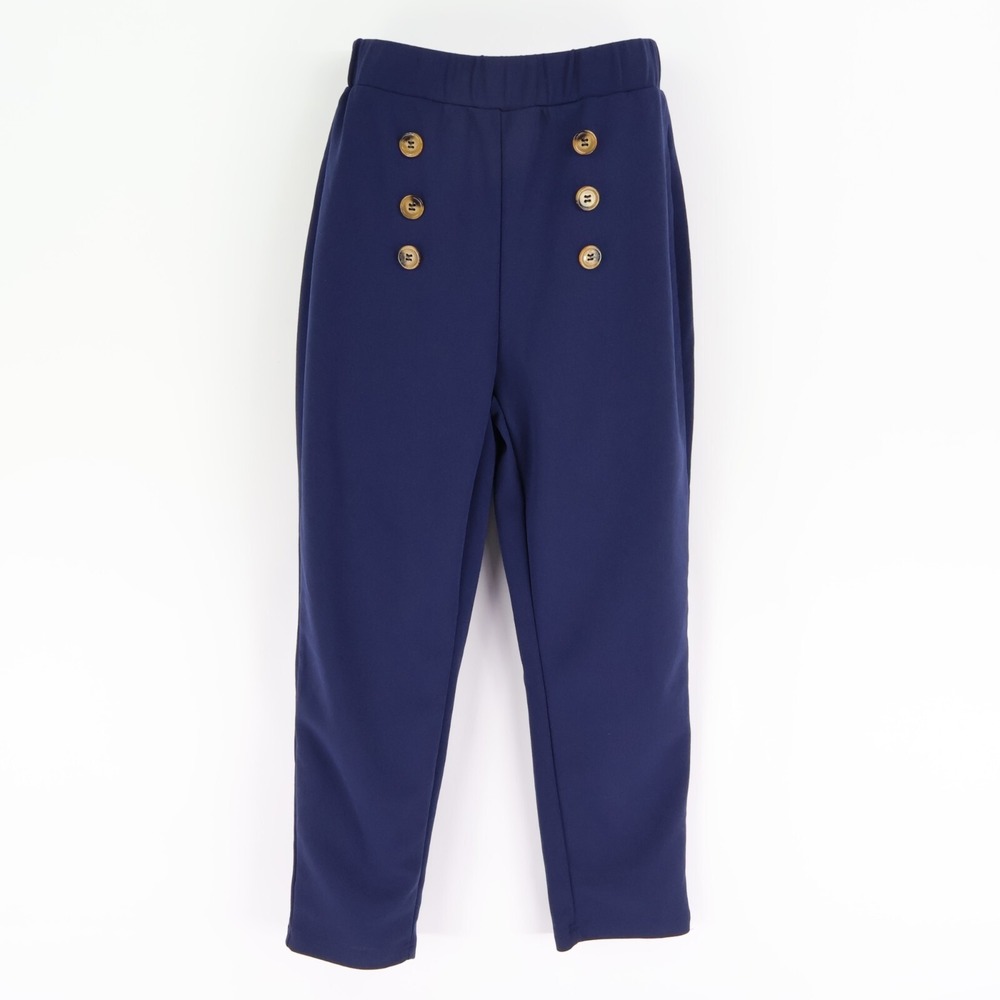 Shein Pants Womens PS Dark Blue Polyester Blend Elastic Waist Buttons Mid‎ Rise